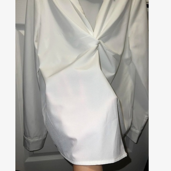 Twist Front White Office Shirt Long Sleeve Collar Neckline V-Neck - Picture 10 of 10